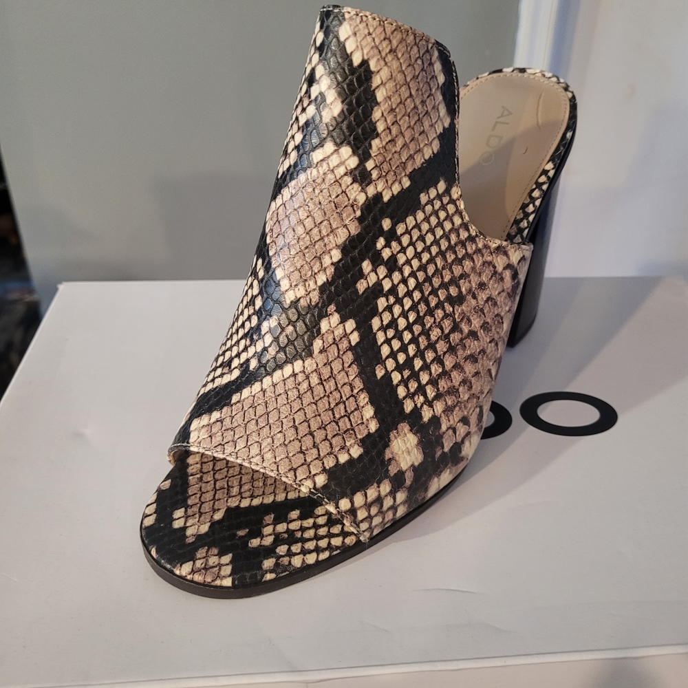 Aldo Taupe and Black Snake-Print Block Heel Mule - Picture 2 of 3